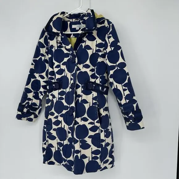 Boden Coat Womens 6 Blue White Apple Print Hooded Belted Rain Trench Jacket - Picture 3 of 13